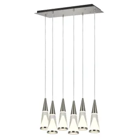 # 61075 Adjustable LED Six-Light Hanging Pendant Ceiling Light, Contemporary Design in Brushed Nickel Finish, Glass Shade, 24-1/2" Wide