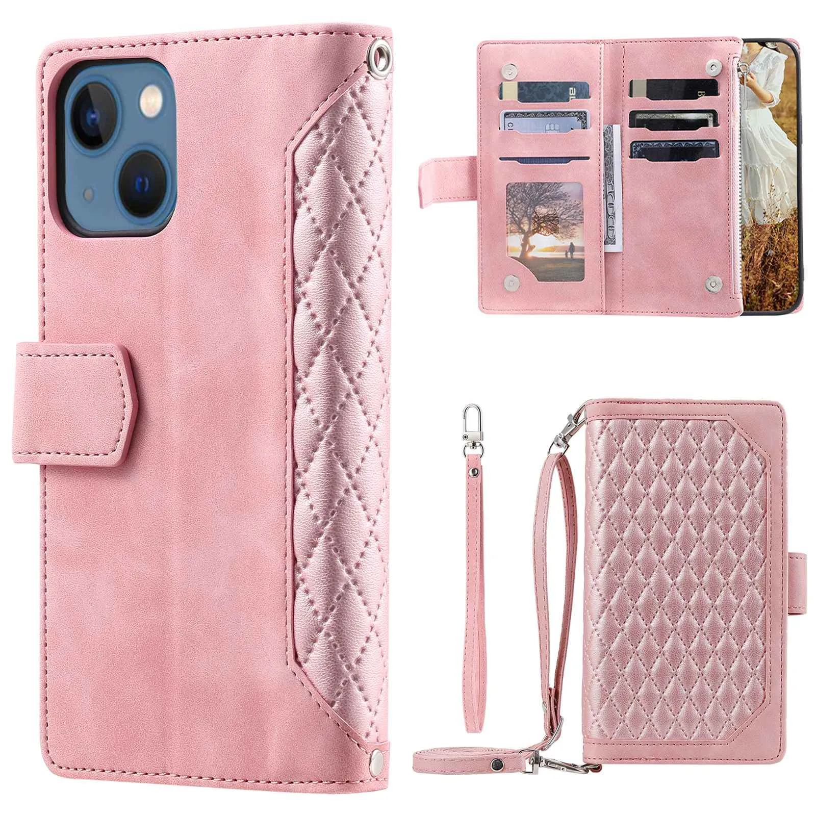 005 Style For iPhone 14 6.1 inch, Shockproof Zipper Pocket Flip Wallet Case Stand PU Leather Rhombus Texture Protective Phone Cover with Strap Card Holder