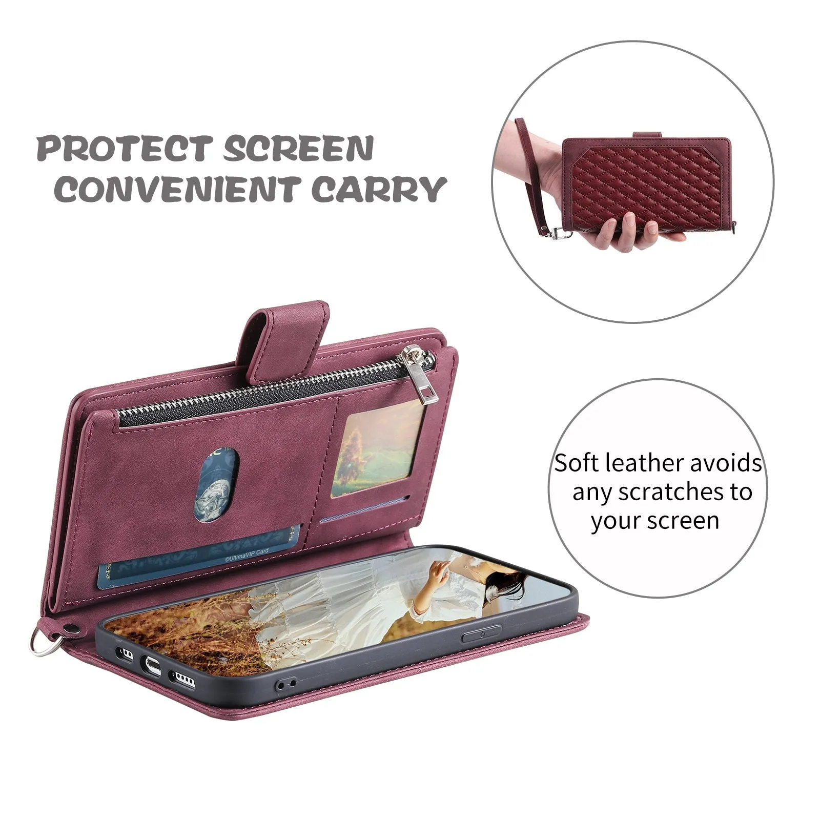 005 Style For iPhone 14 6.1 inch, Shockproof Zipper Pocket Flip Wallet Case Stand PU Leather Rhombus Texture Protective Phone Cover with Strap Card Holder