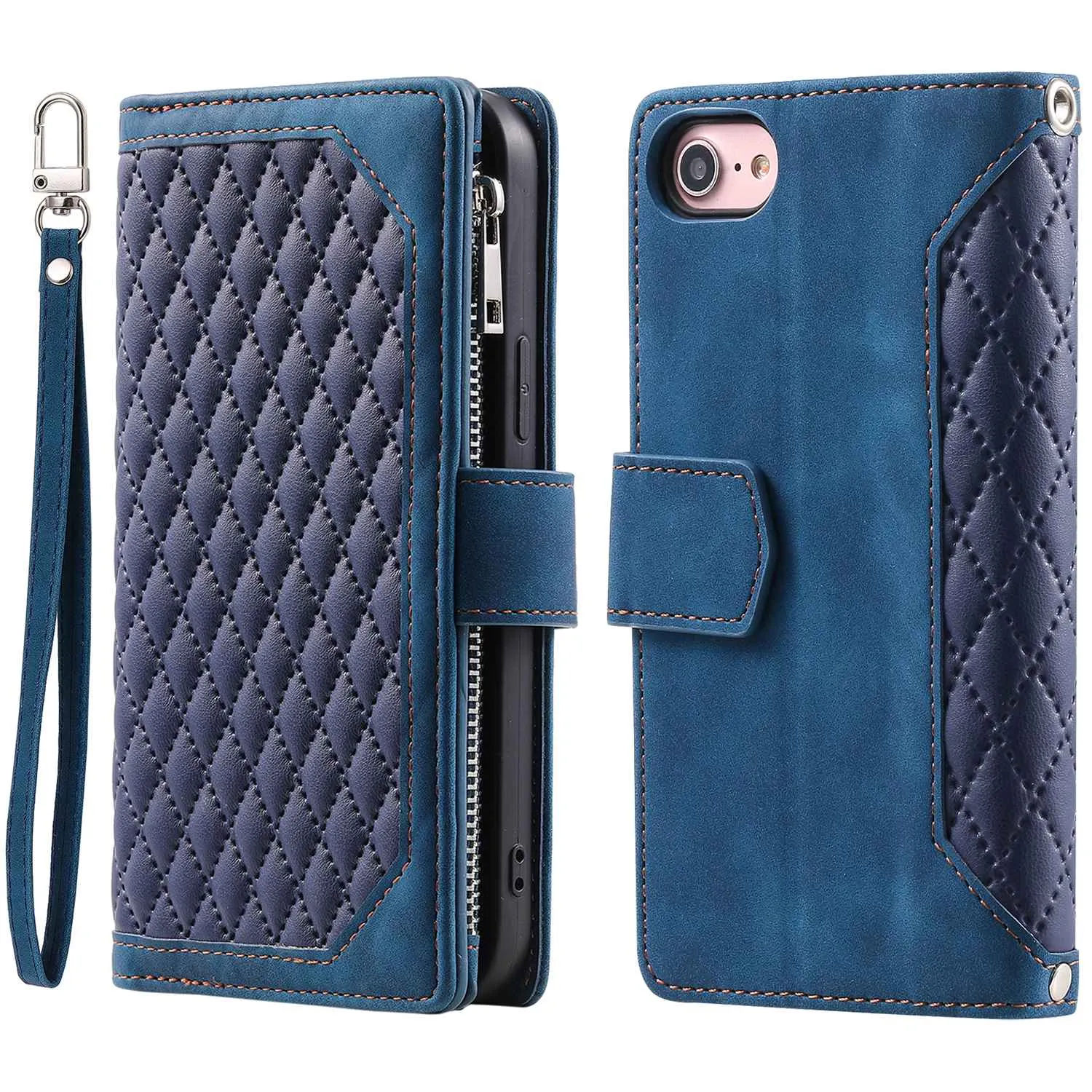 005 Style for iPhone SE (2022) / (2020) / 7 / 8 4.7 inch Rhombus Texture Leather Stand Case with Strap, Zipper Pocket Wallet Protective Phone Cover