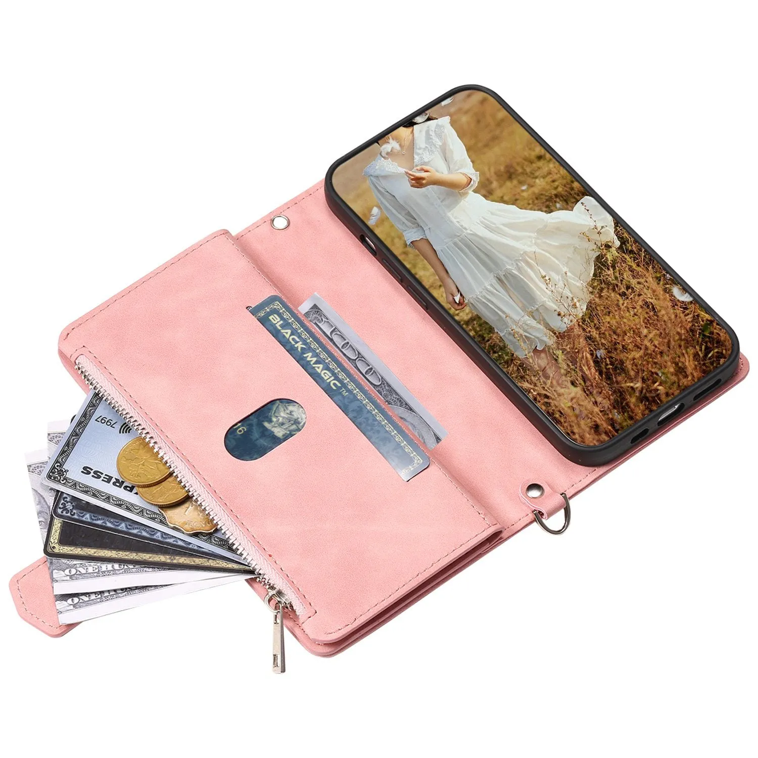 005 Style Zipper Pocket Phone Cover for iPhone XR 6.1 inch, Rhombus Texture Stand Wallet PU Leather Case with Wrist Strap