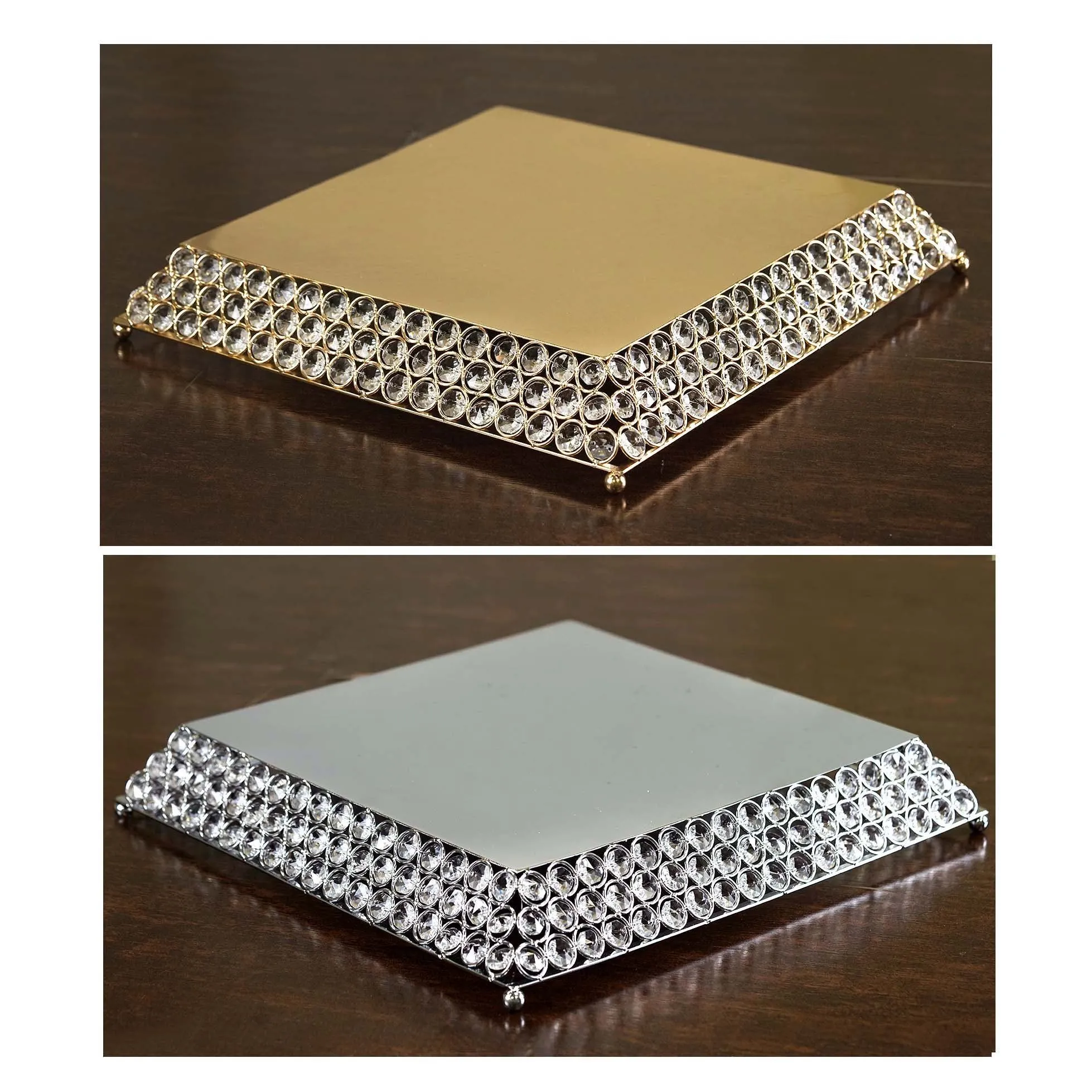 15" Bejeweled Gold Flat Crystal Beaded Stainless Steel Chandelier Wedding Riser Cake Stand