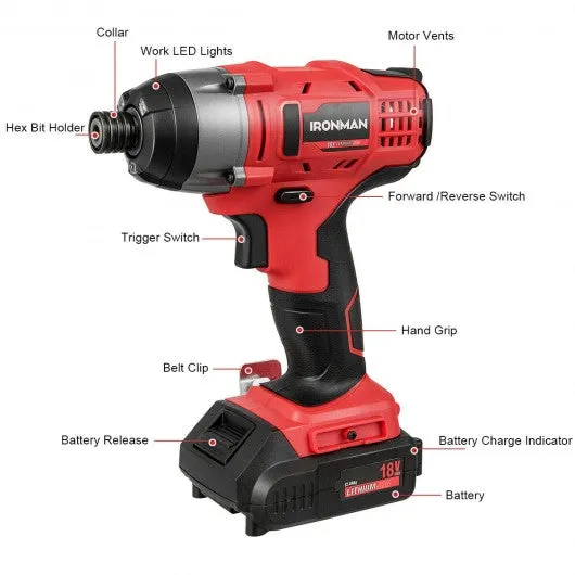 18V Cordless Driver Impact Tool Kit with LED Light
