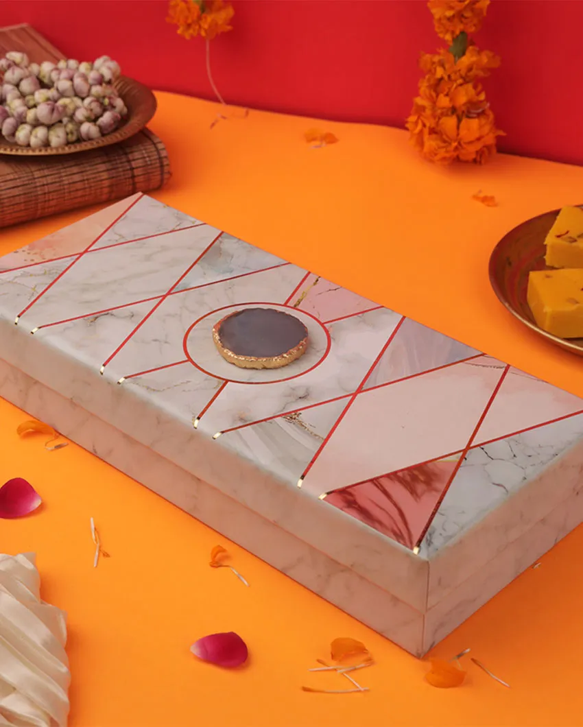 2 Hexagon Marble Pooja Chowki with 4 Metal Tealights Set