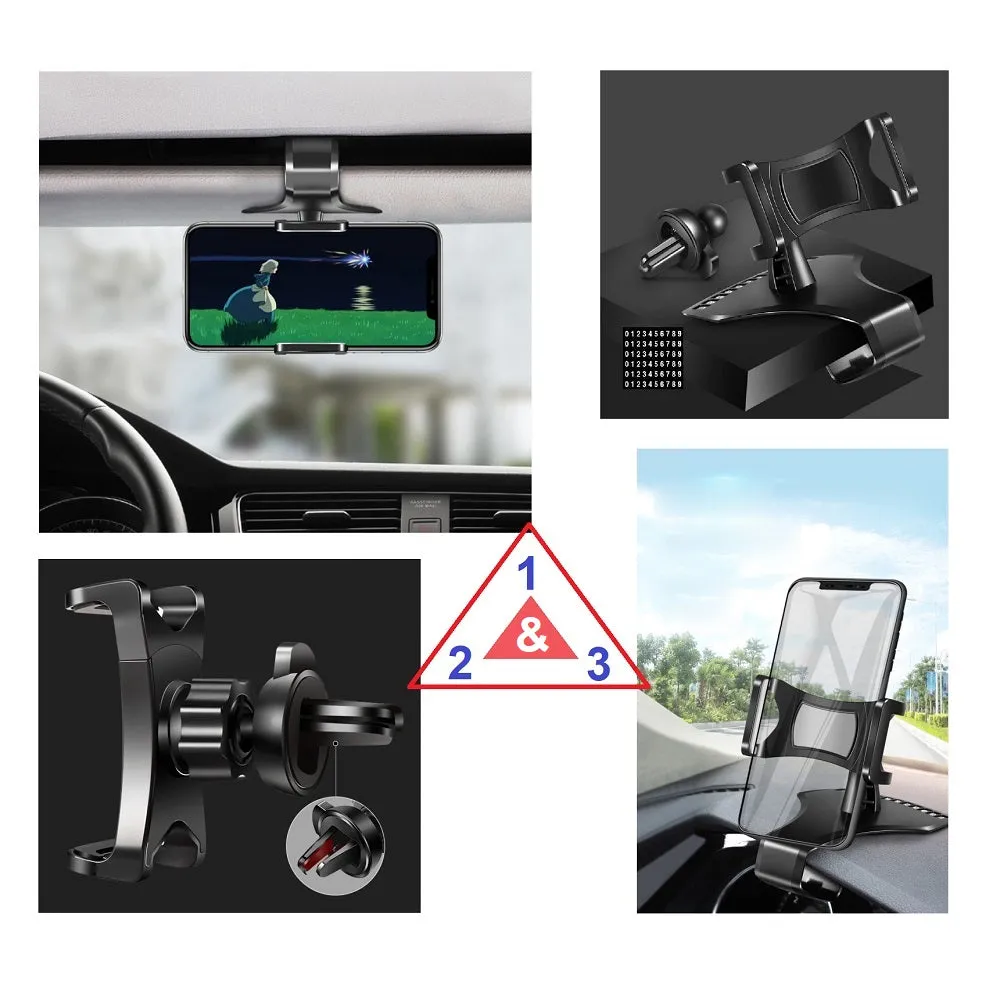 3 in 1 Car GPS Smartphone Holder: Dashboard / Visor Clamp   AC Grid Clip for Auro Compact 6321 - Black
