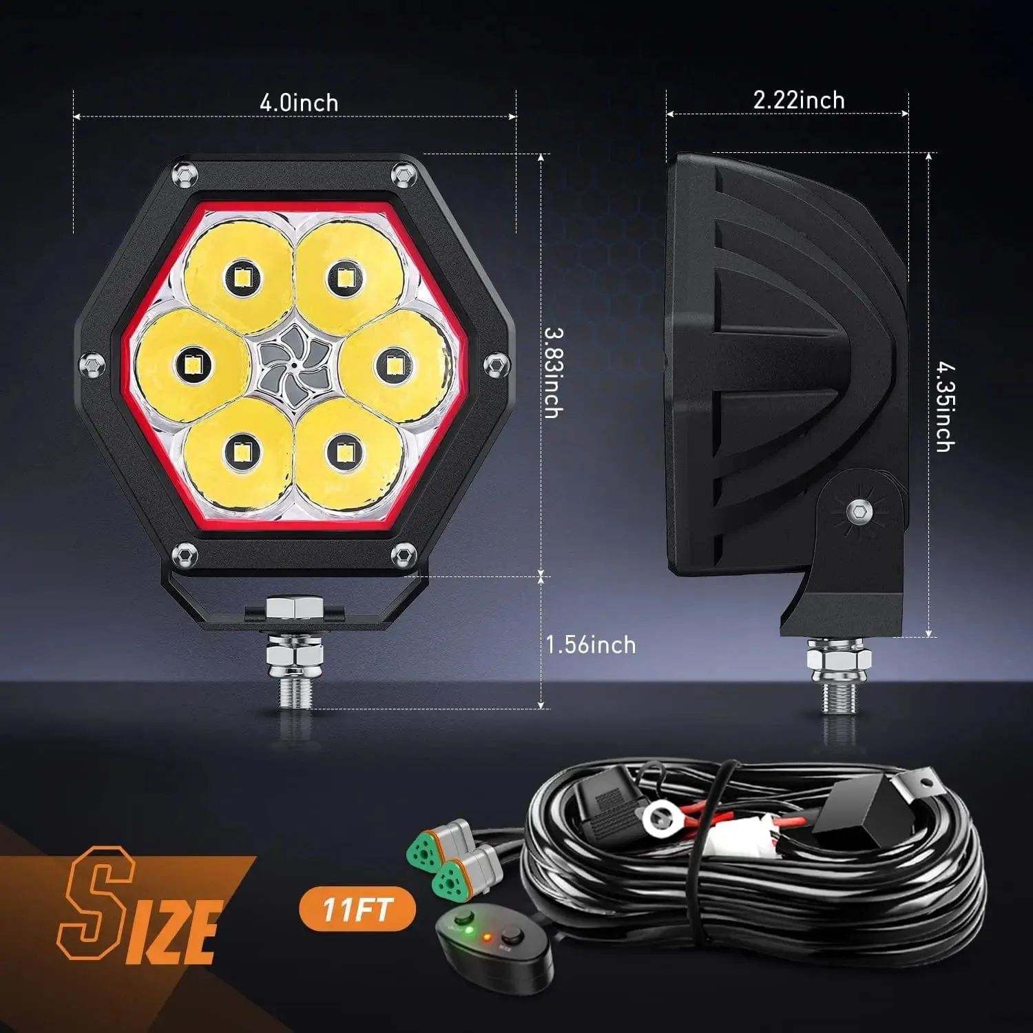 4 Inch 30W 2600LM Hexagon DRL Spot LED Pods (Pair) | 16AWG DT Wire