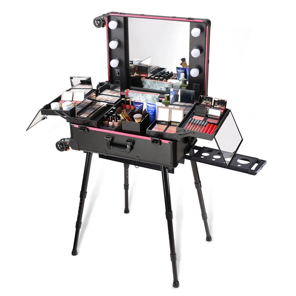 Byootique 4-wheel Pro Rolling Makeup Cosmetic Case w/ LED Light & Stand