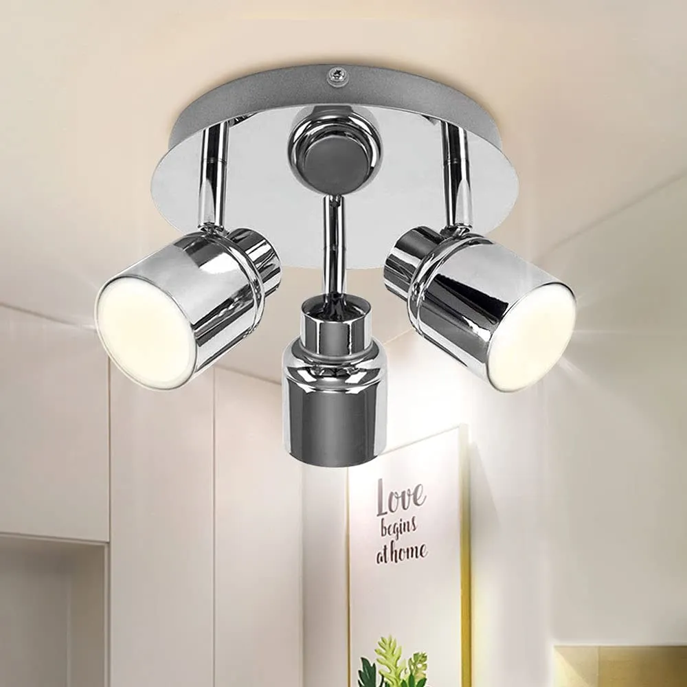 Depuley Modern 3-Light Multi-Directional Ceiling Fixture, Adjustable Round Track Lighting Kits, GU10 LED Bulb, Warm White, Polished Chrome