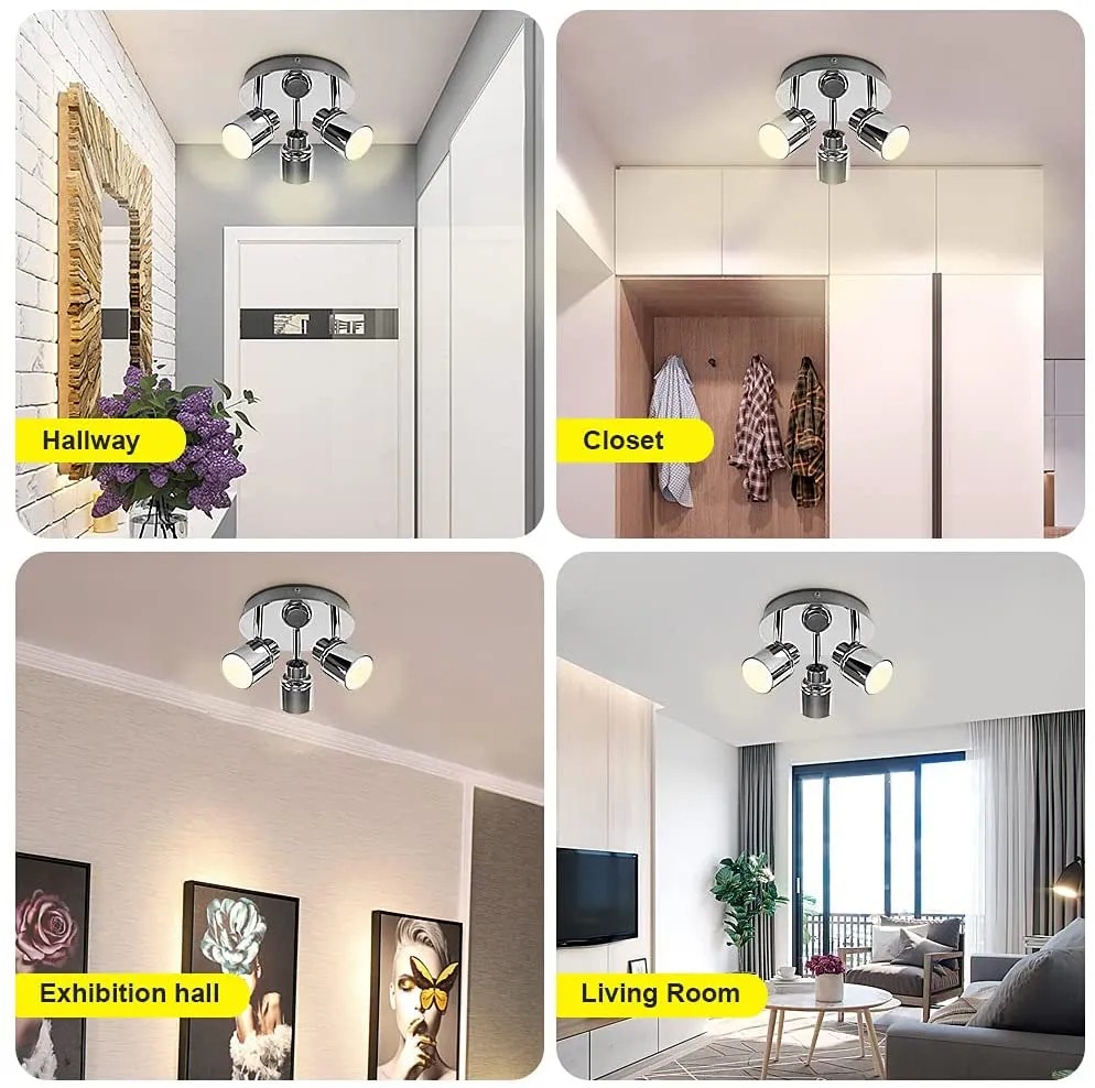 Depuley Modern 3-Light Multi-Directional Ceiling Fixture, Adjustable Round Track Lighting Kits, GU10 LED Bulb, Warm White, Polished Chrome