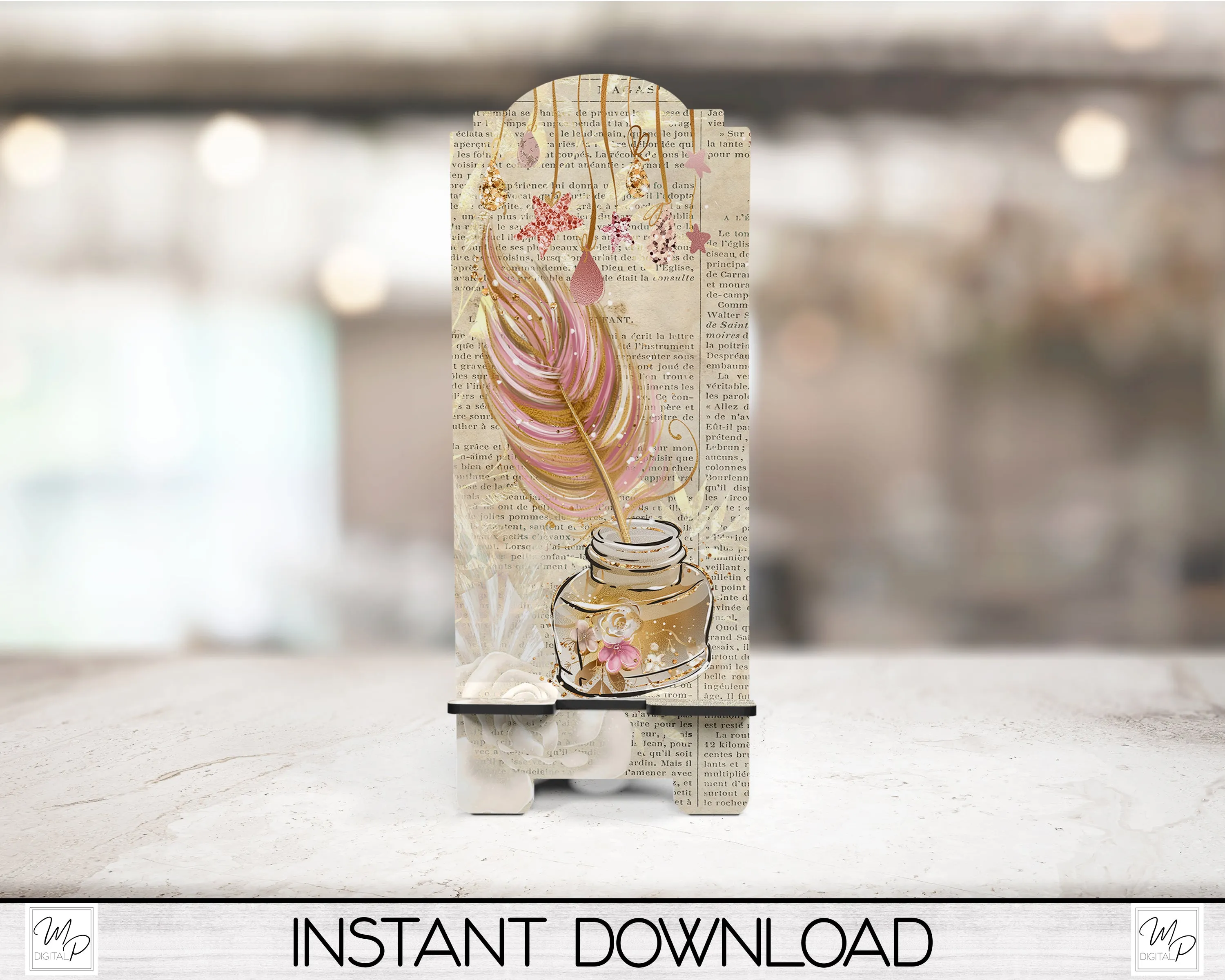 Inkwell and Feather Cell Phone Stand PNG for Sublimation Design, Digital Download