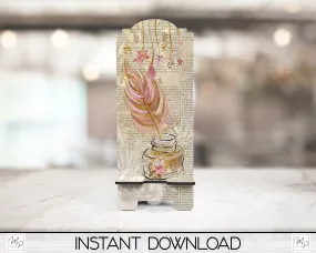 Inkwell and Feather Cell Phone Stand PNG for Sublimation Design, Digital Download