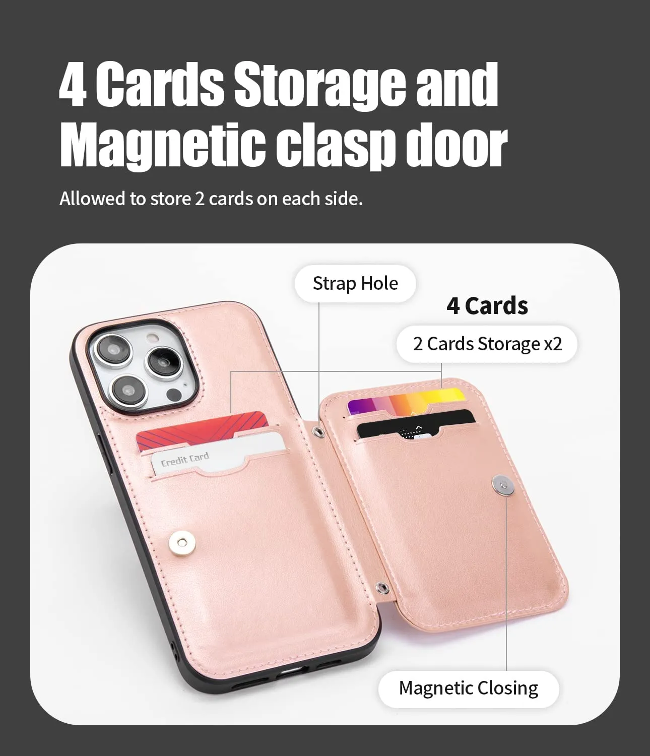 iPhone 14 Pro Max Crossbody Wallet Case Heavy Duty Protection, Rose Gold