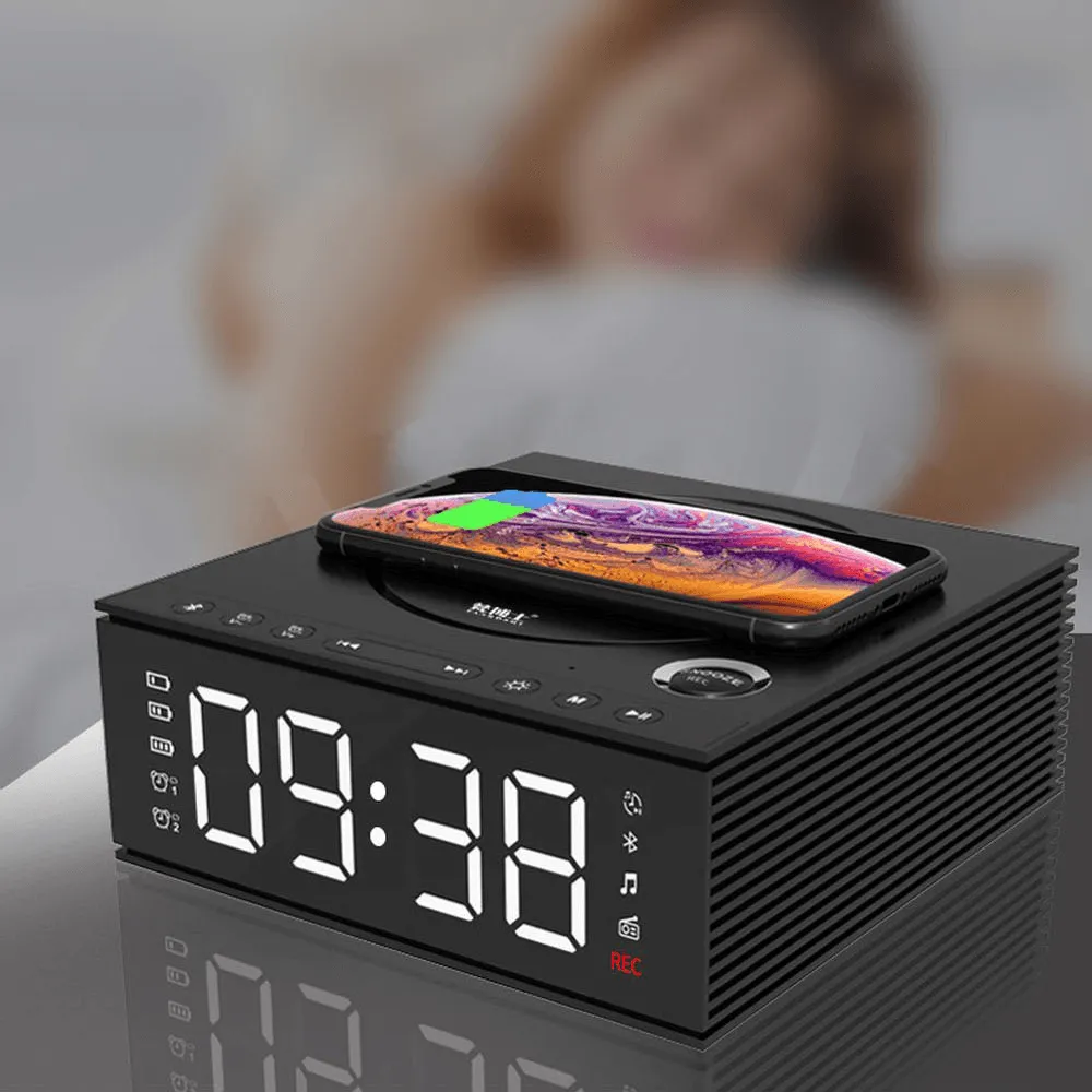 J21S Multifunctional Bluetooth Speaker Phone Wireless Charger FM Radio DIY Alarm Clock Music Record
