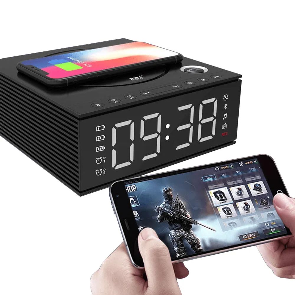 J21S Multifunctional Bluetooth Speaker Phone Wireless Charger FM Radio DIY Alarm Clock Music Record
