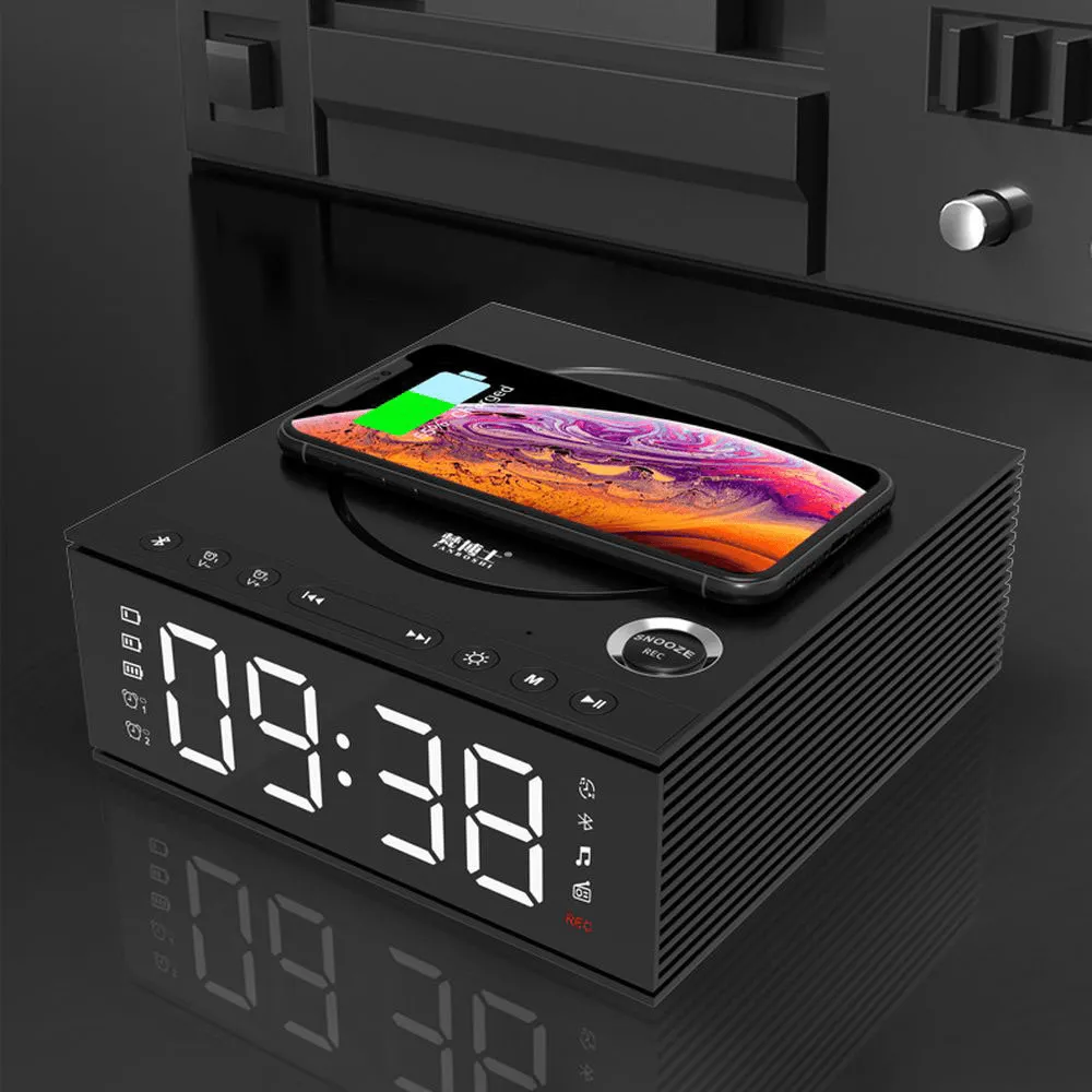 J21S Multifunctional Bluetooth Speaker Phone Wireless Charger FM Radio DIY Alarm Clock Music Record