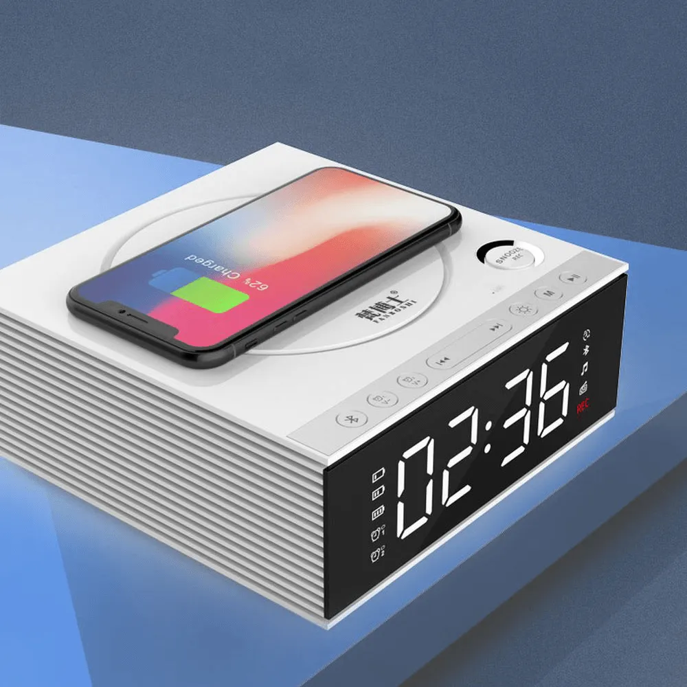 J21S Multifunctional Bluetooth Speaker Phone Wireless Charger FM Radio DIY Alarm Clock Music Record