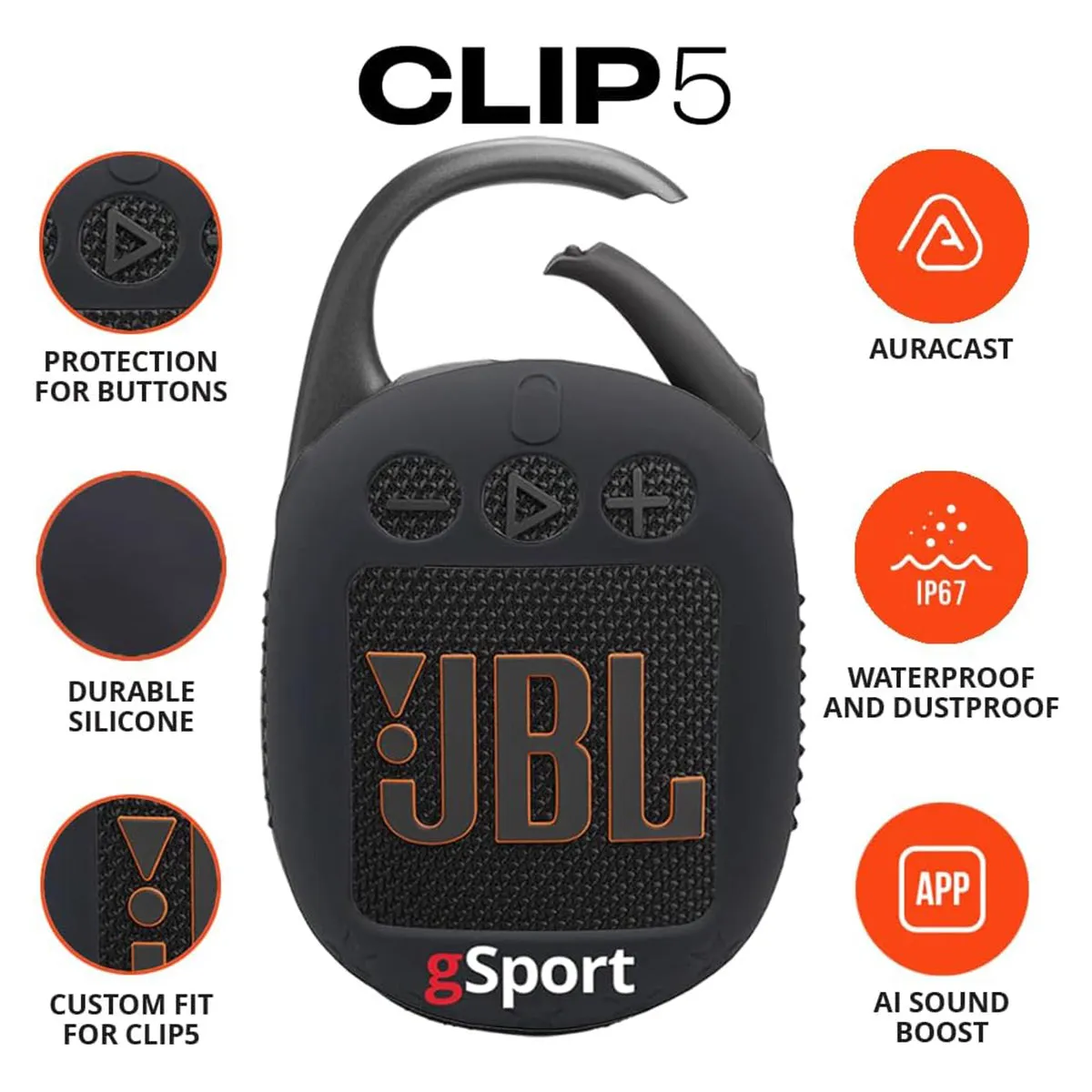 JBL Clip 5 Ultra Portable Bluetooth Speaker with gSport Silicone Sleeve (Black)