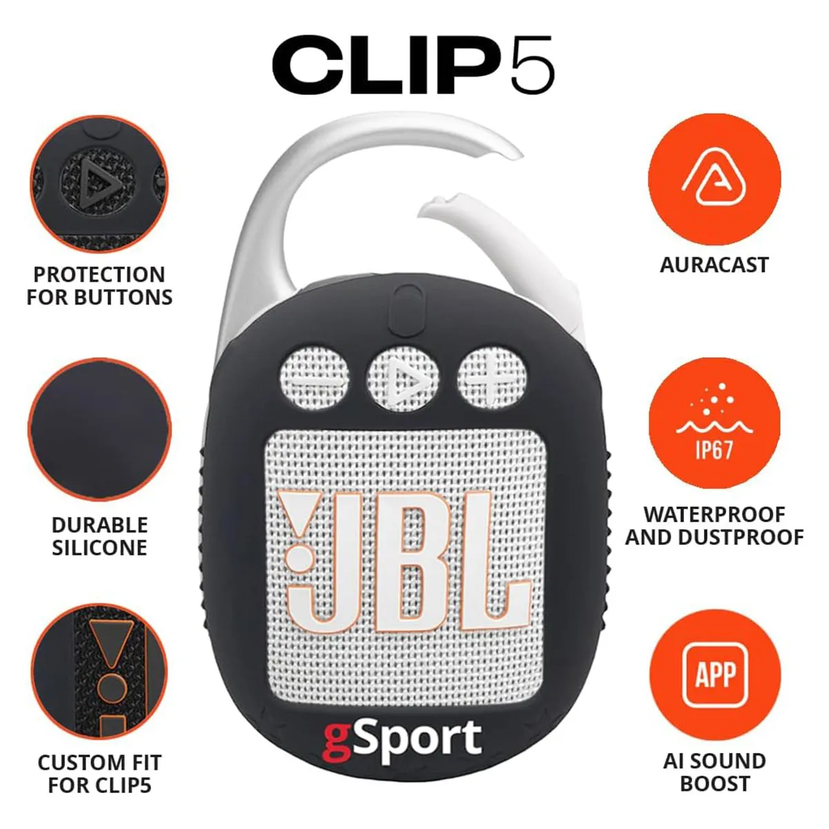 JBL Clip 5 Ultra Portable Bluetooth Speaker with gSport Silicone Sleeve (White)