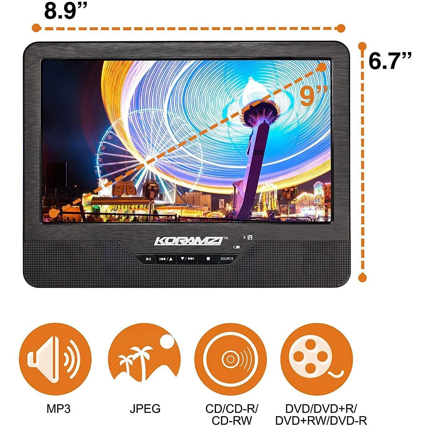 Koramzi Portable 9" Dual Screen Dual DVD Player