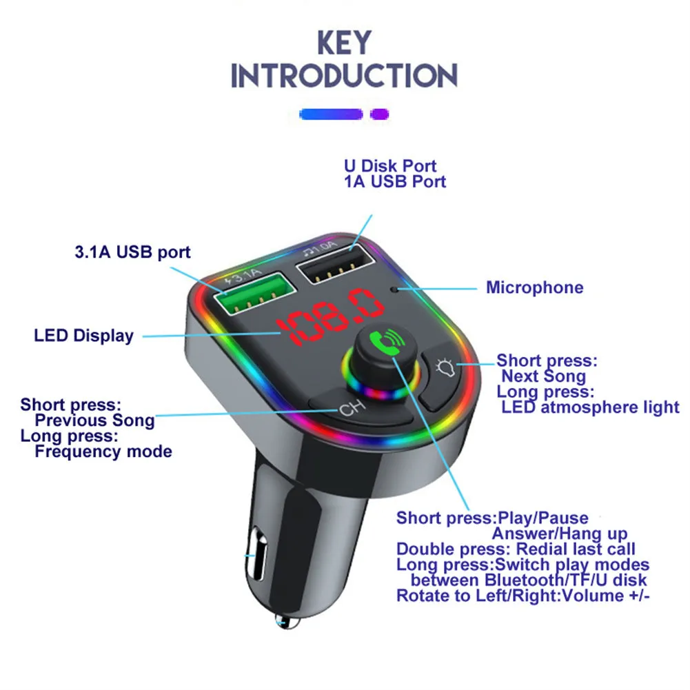 Luminous Bluetooth-compatible 5.0 Car  Fm  Transmitter Hands-free