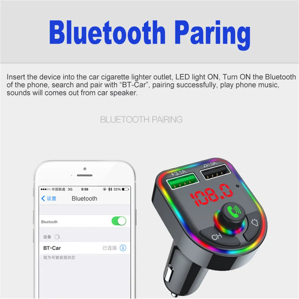 Luminous Bluetooth-compatible 5.0 Car  Fm  Transmitter Hands-free
