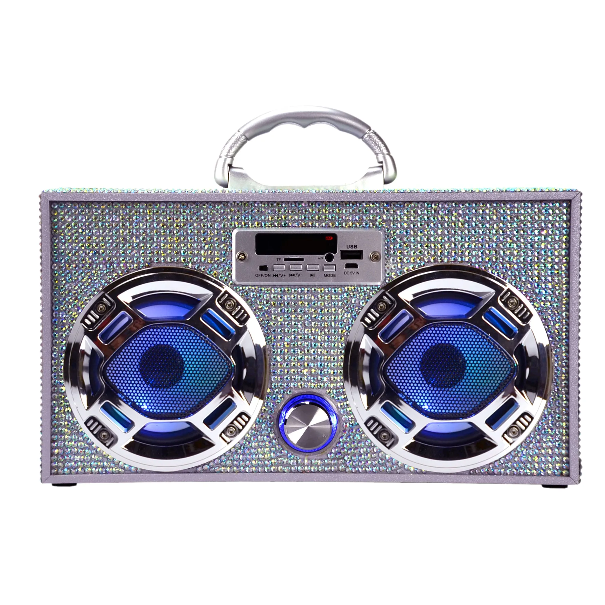 Mini Boombox in Iridescent Bling - Bluetooth Speaker w/ Enhanced FM Radio & LED