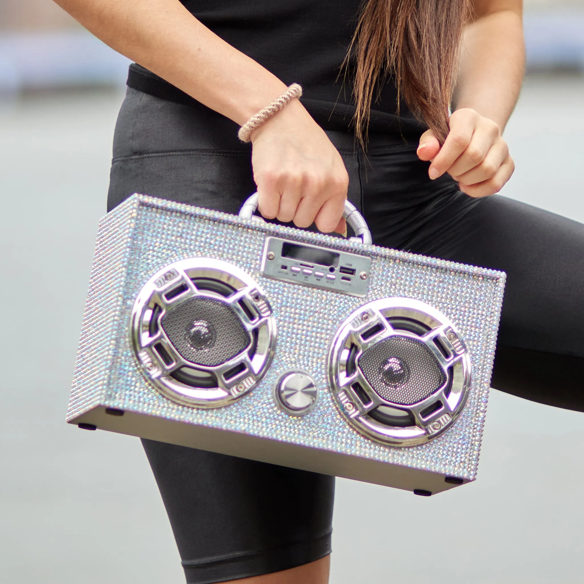 Mini Boombox in Iridescent Bling - Bluetooth Speaker w/ Enhanced FM Radio & LED