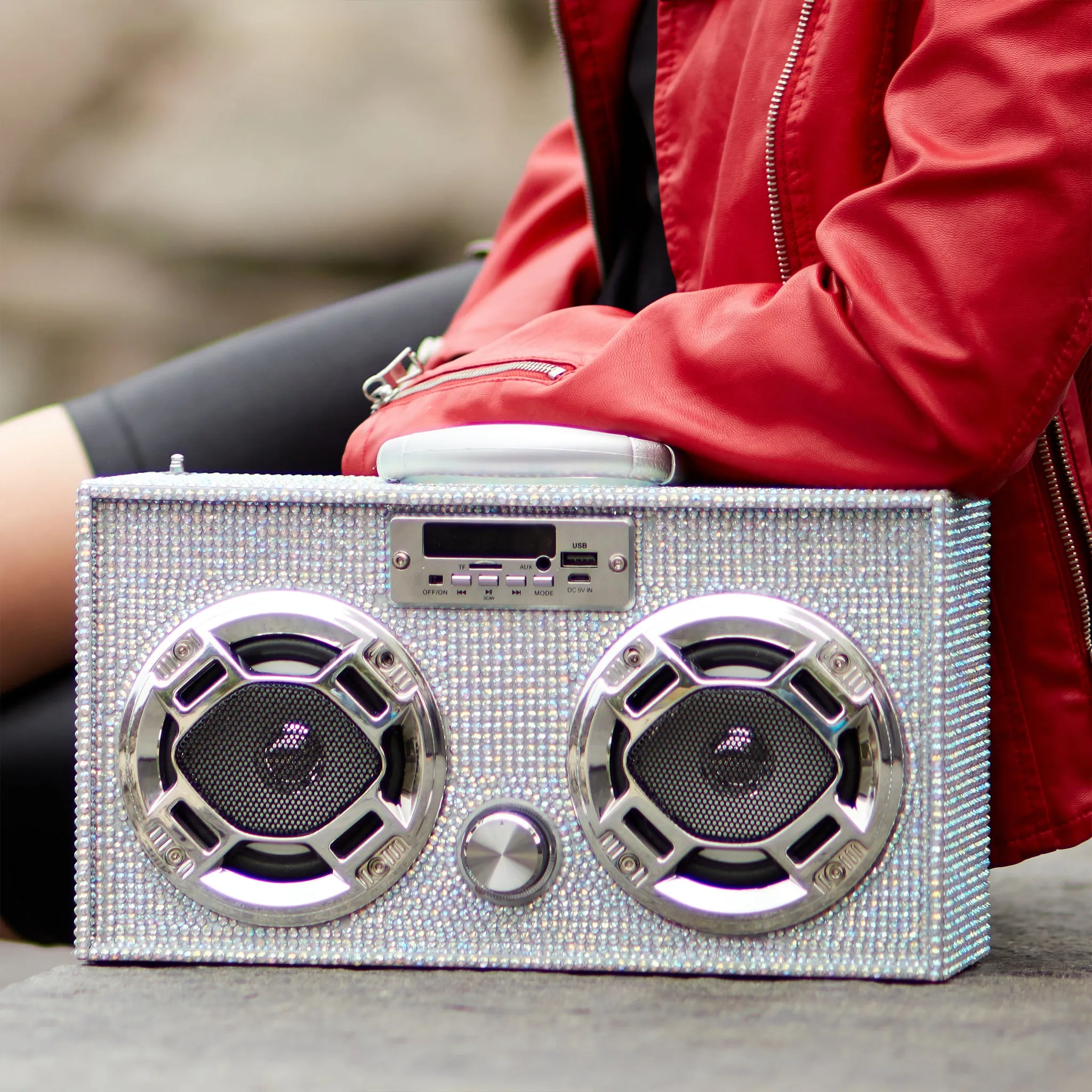 Mini Boombox in Iridescent Bling - Bluetooth Speaker w/ Enhanced FM Radio & LED