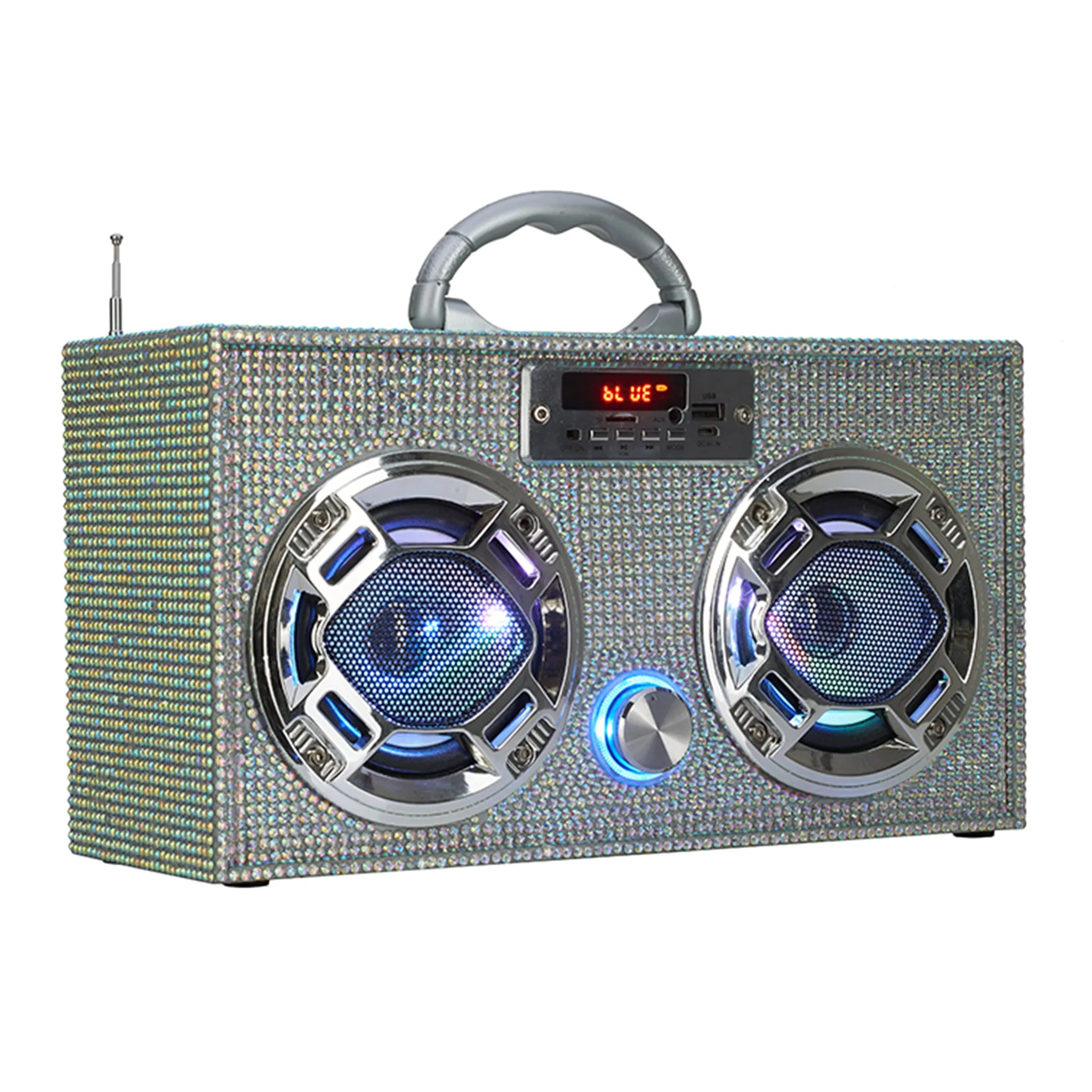 Mini Boombox in Iridescent Bling - Bluetooth Speaker w/ Enhanced FM Radio & LED