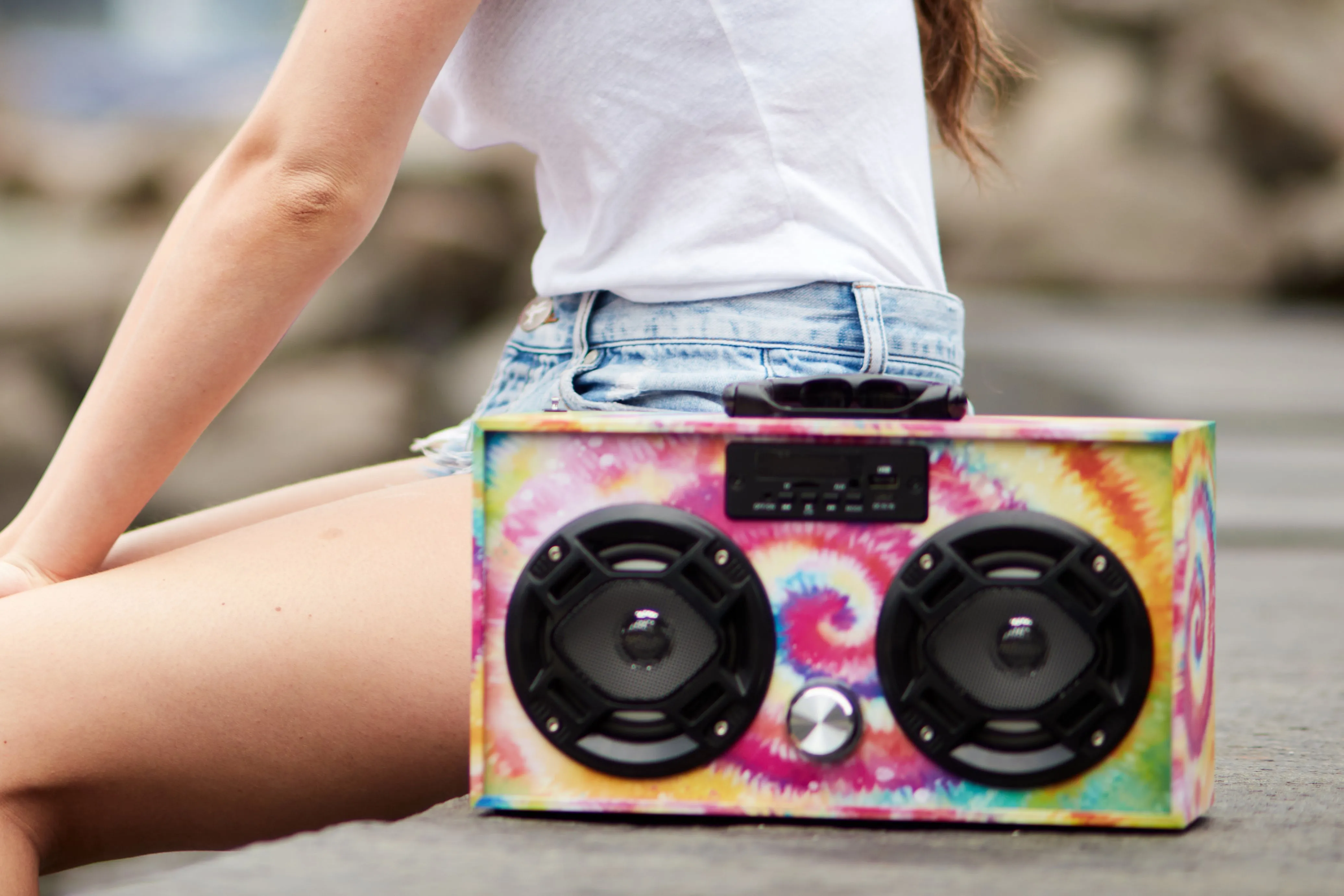 Mini Boombox in Tie Dye - Bluetooth Speaker w/ Enhanced FM Radio & LED