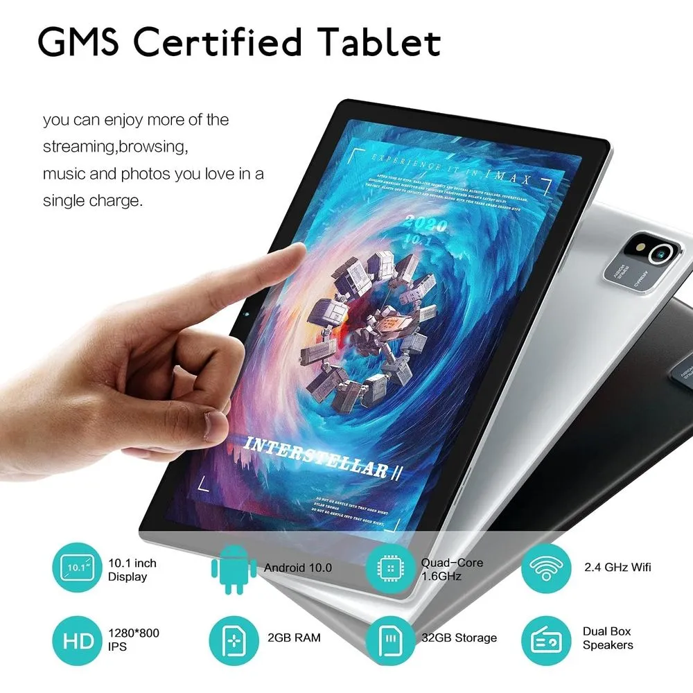 Moderness MB1001 Tablet 10.1 Inch Android 12 OS Quad Core 32GB ROM 1280x800 IPS Display 5000mAh Tablets PC Silver