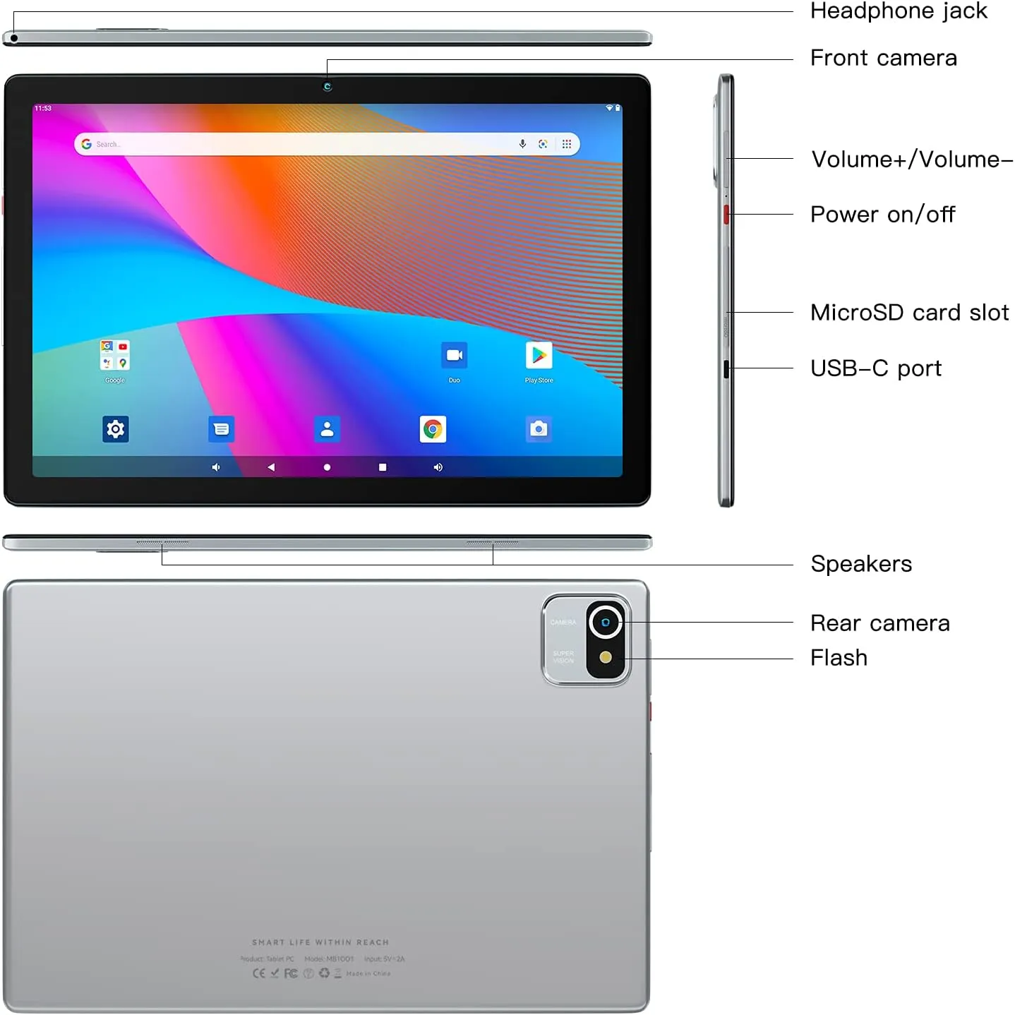 Moderness MB1001 Tablet 10.1 Inch Android 12 OS Quad Core 32GB ROM 1280x800 IPS Display 5000mAh Tablets PC Silver