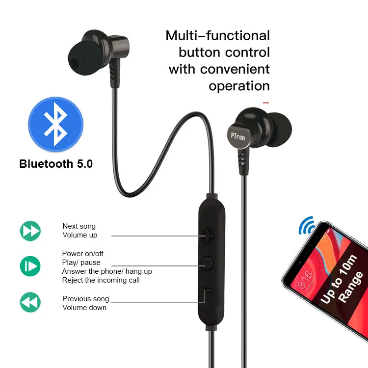 pTron Zap In-Ear Bluetooth Earphone Magnetic Deep Bass Neckband with Mic for All Smartphones (Black)