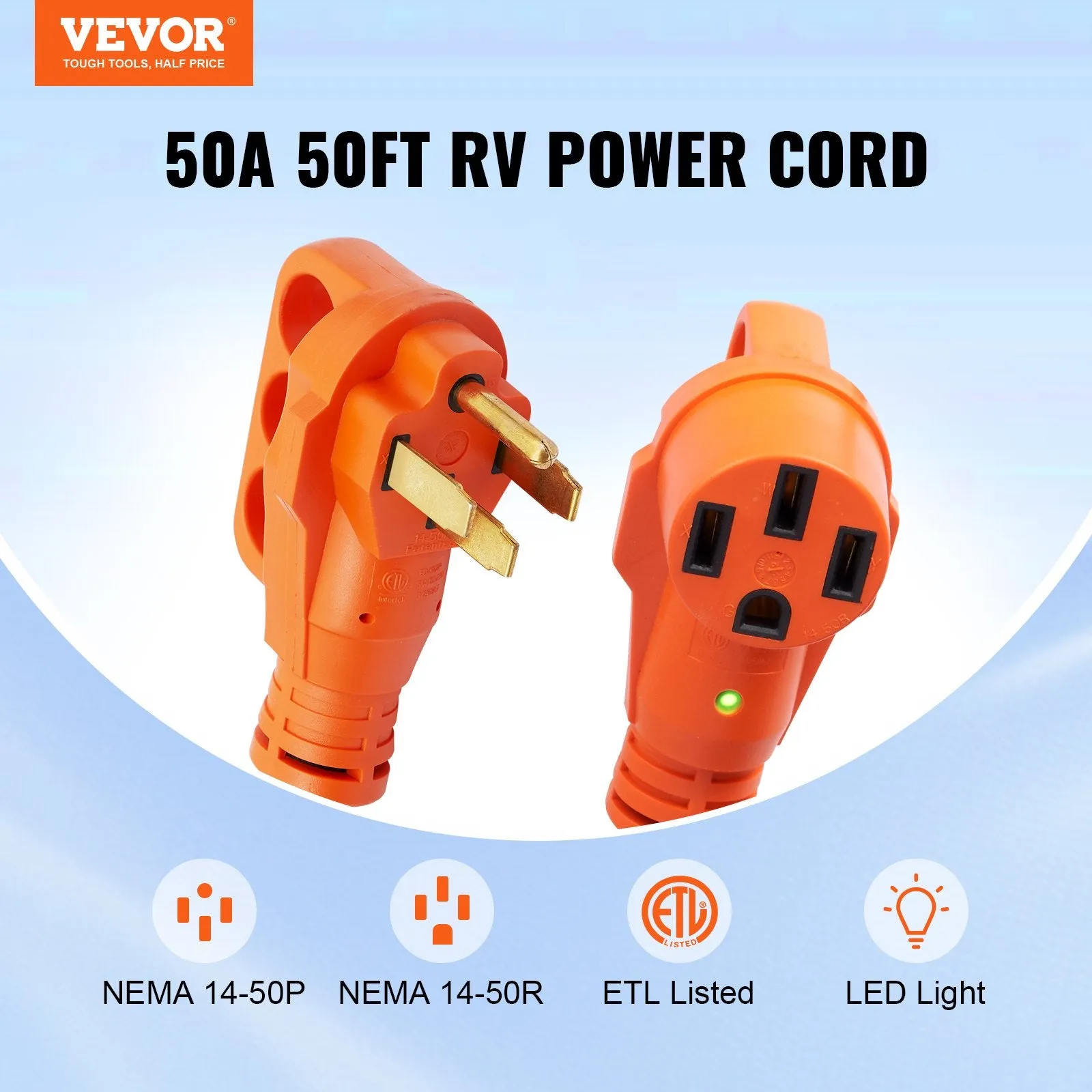 Vevor RV Extension Cord 50 ft. 50 Amp NEMA 14-50R Female NEMA 14-50P Male Plug New