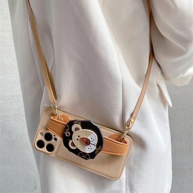 Vintage Lion Head Wristlet Crossbody iPhone Case