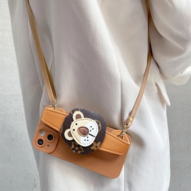 Vintage Lion Head Wristlet Crossbody iPhone Case