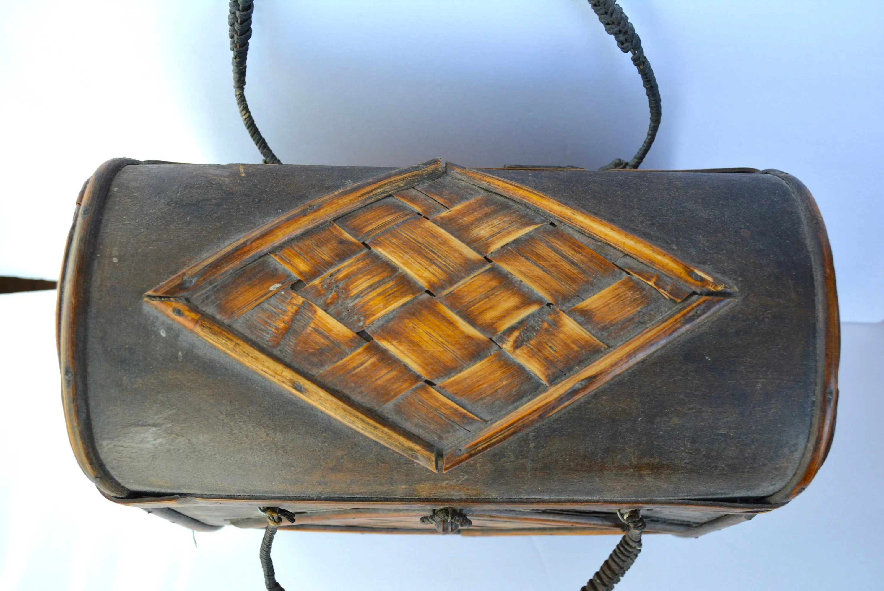 Vintage Wood Carrying Case / Suitcase / Briefcase - Woven Handle - Rattan Bamboo Design