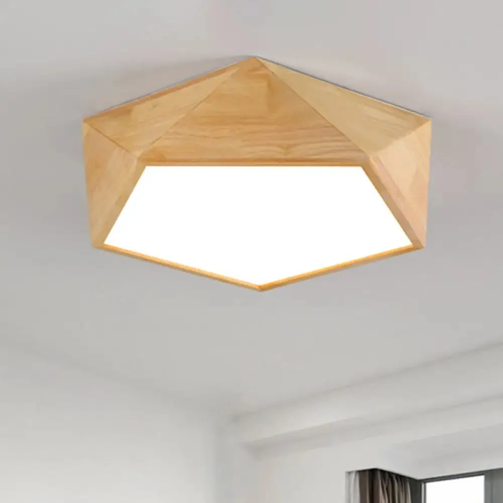 Wood Pentagon LED Flush Ceiling Light - Japanese Style, Beige - 16.5"/20.5" Width