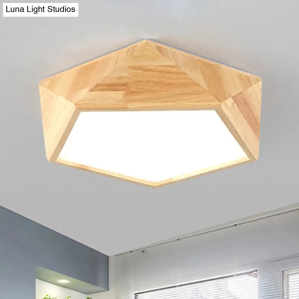 Wood Pentagon LED Flush Ceiling Light - Japanese Style, Beige - 16.5"/20.5" Width
